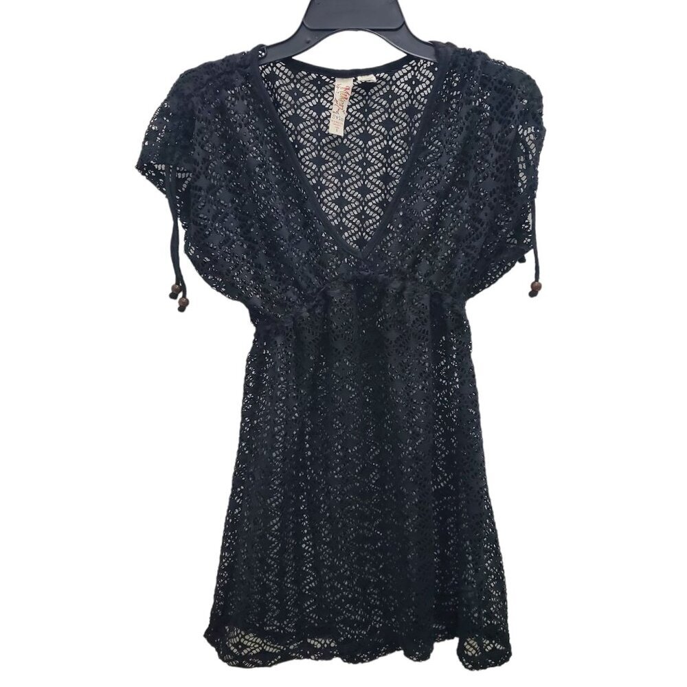 Miken Women's Black Open Crochet Mesh Knit V-Neck‎ Swim Cover Up Dress Size S
